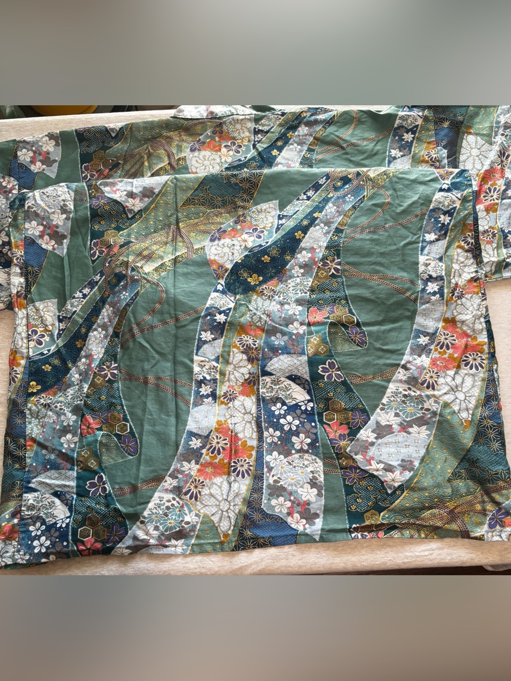 Vintage Japanese Kimono Robe XL Green Floral Cotton Belted Yukata - Picture 12 of 12